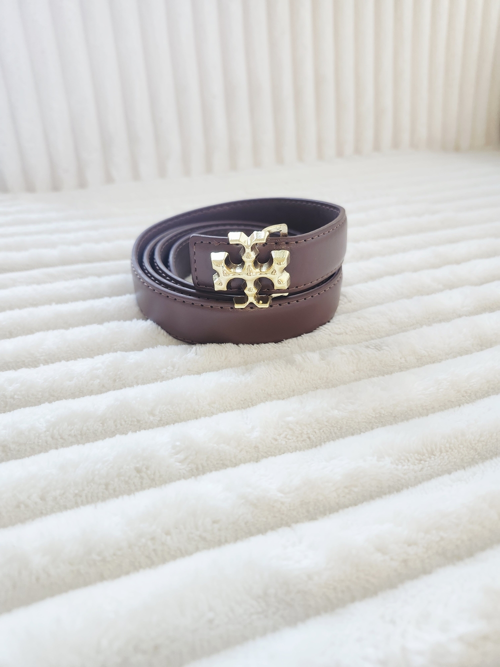 Tory Burch Chocolate Brown Leather Belt Gold Double T Buckle